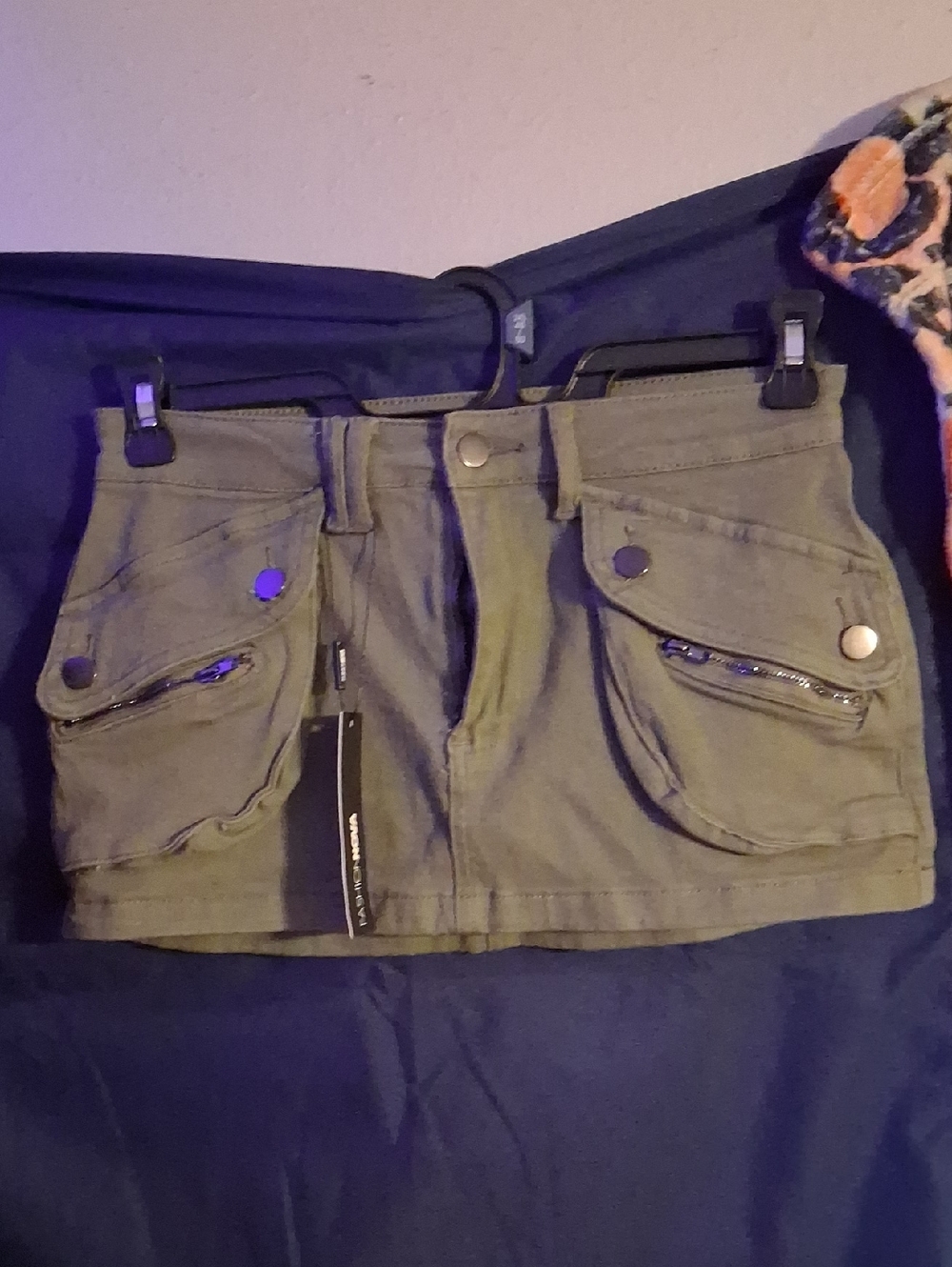 Military Army Olive Green Utility Cargo Denim Mini Skirt
